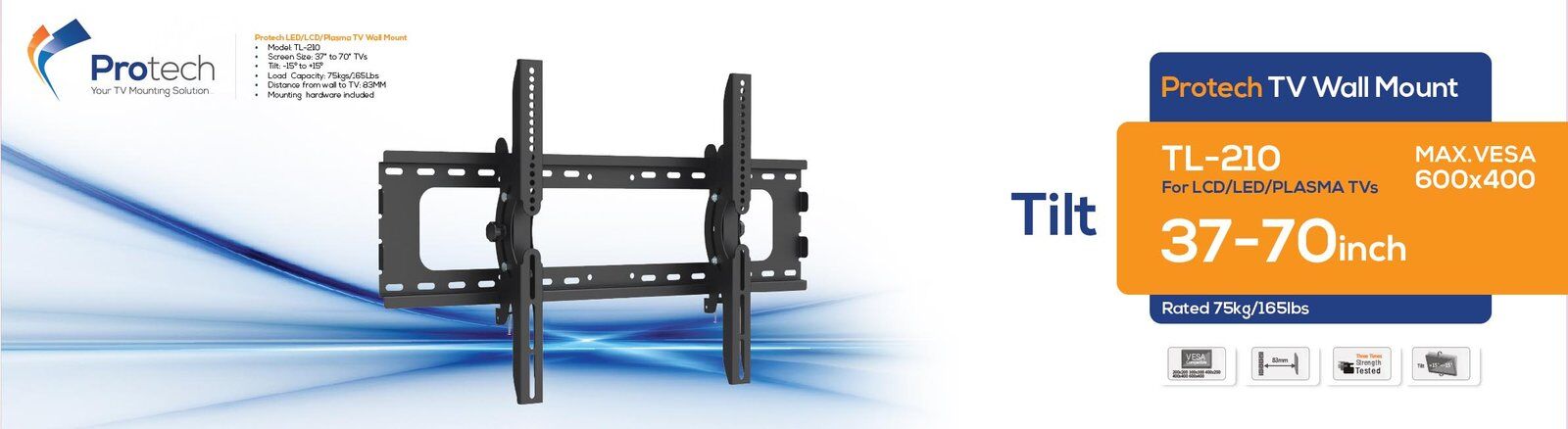 Protech TL-210 Heavy Duty Tilting Curved TV Wall Mount for 37 - 70" TVs - Image 3