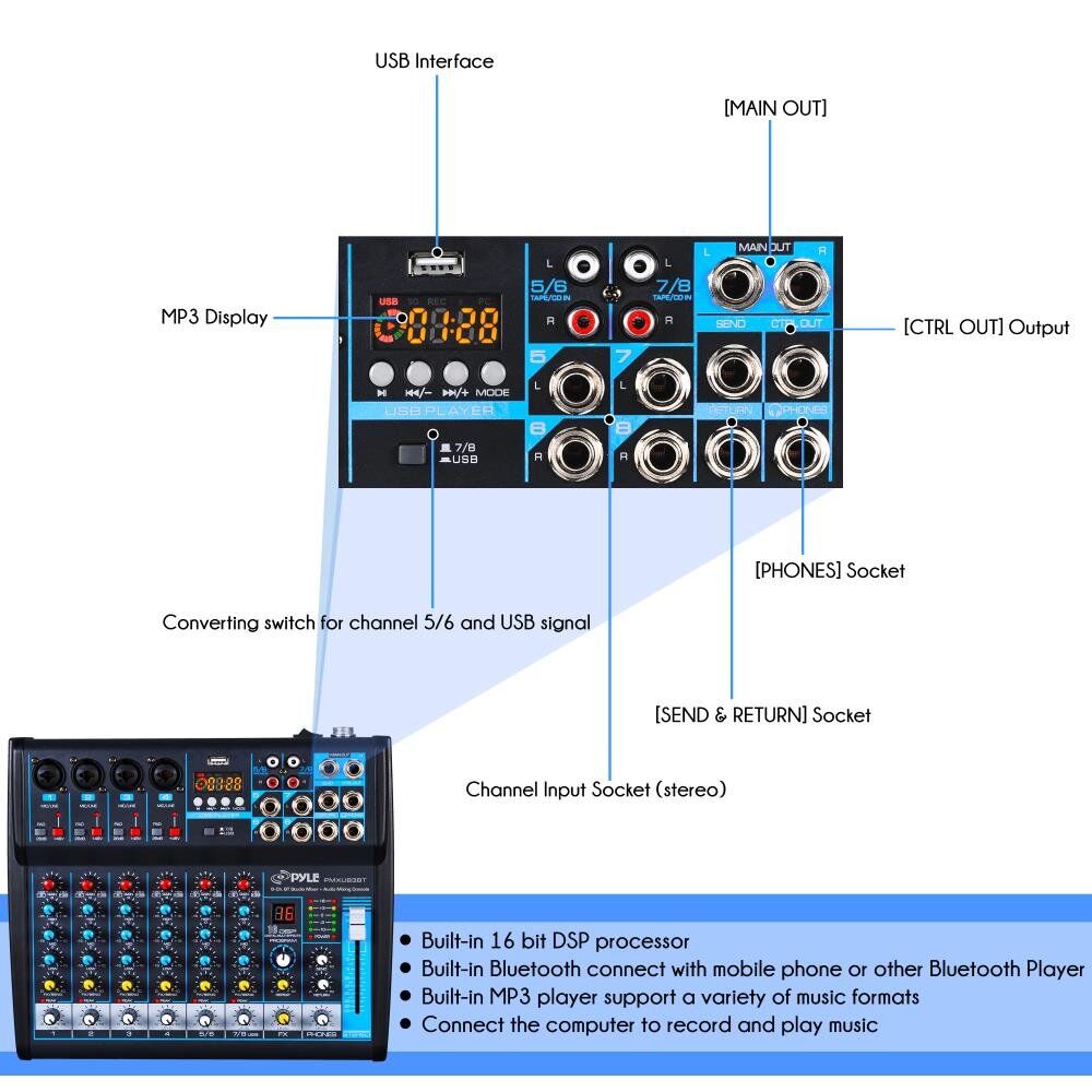 8-Ch. Bluetooth Studio Mixer - DJ Controller Audio Mixing Console System - Image 4