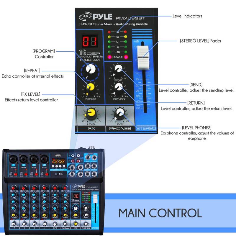 8-Ch. Bluetooth Studio Mixer - DJ Controller Audio Mixing Console System - Image 5
