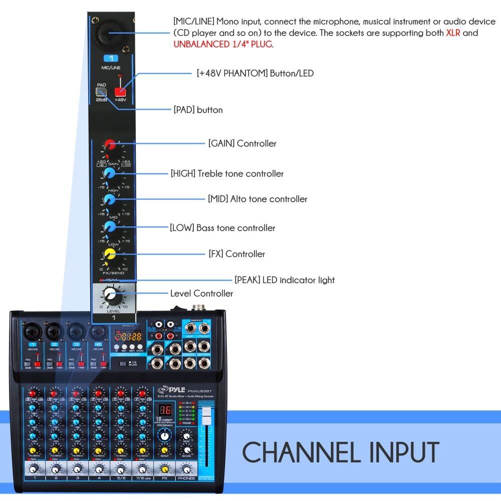 8-Ch. Bluetooth Studio Mixer - DJ Controller Audio Mixing Console System - Image 6