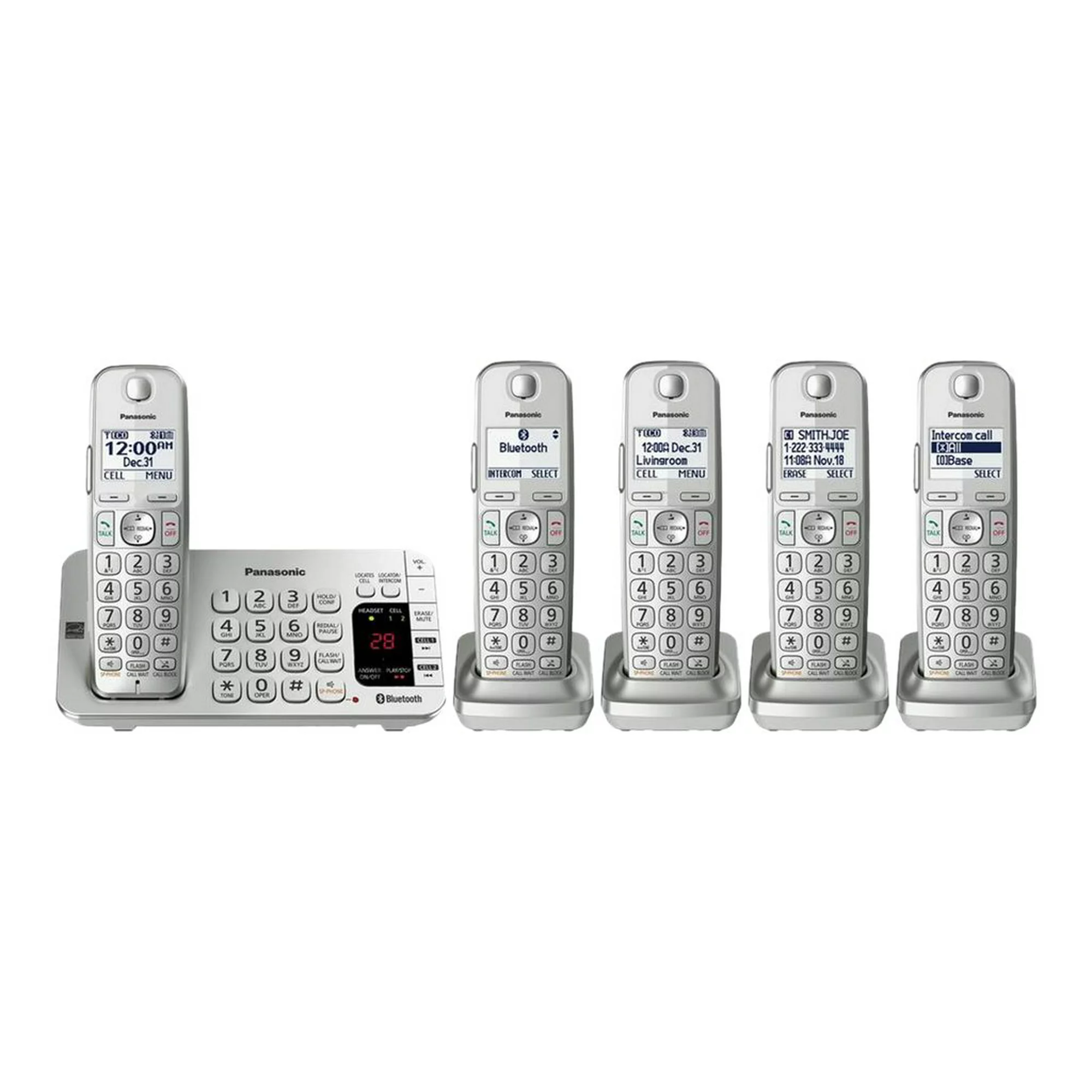 Panasonic KX-TGE475S Link2Cell Bluetooth Enabled Phone with Answering Machine, 5 Cordless Handsets, Silver/White