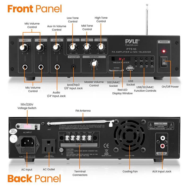 240 Watt Public Address Power Amplifier with 70V Output & Mic Talkover, USB/SD Card MP3 Player, Built-in FM Radio & LED Display - Image 2