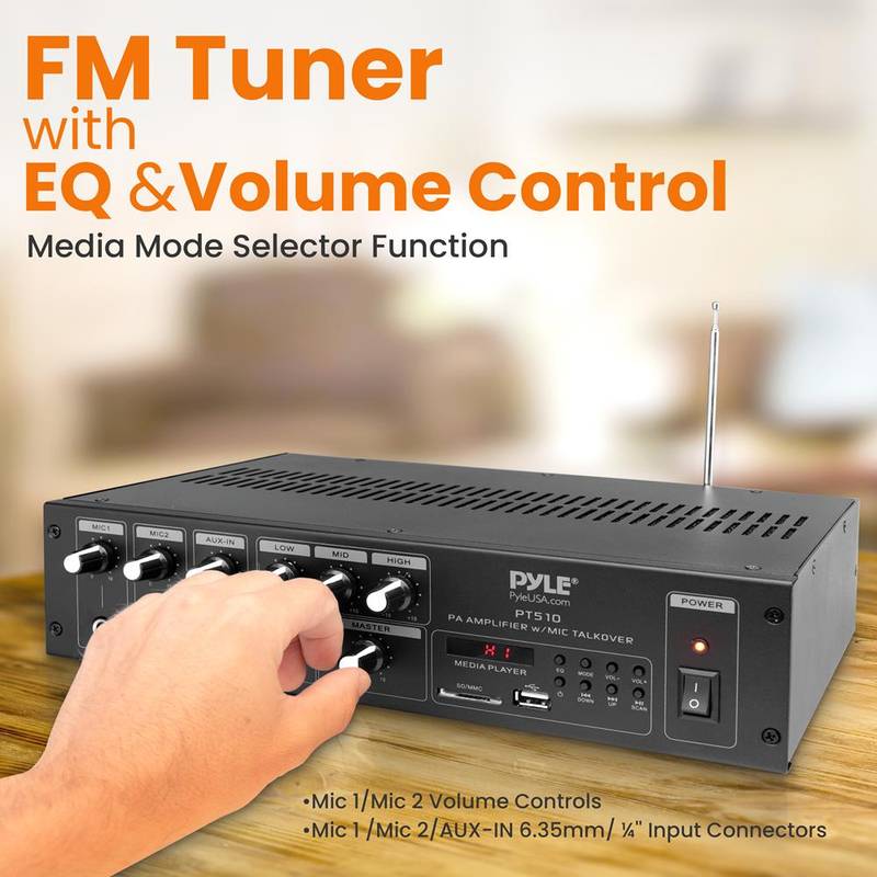 240 Watt Public Address Power Amplifier with 70V Output & Mic Talkover, USB/SD Card MP3 Player, Built-in FM Radio & LED Display - Image 3