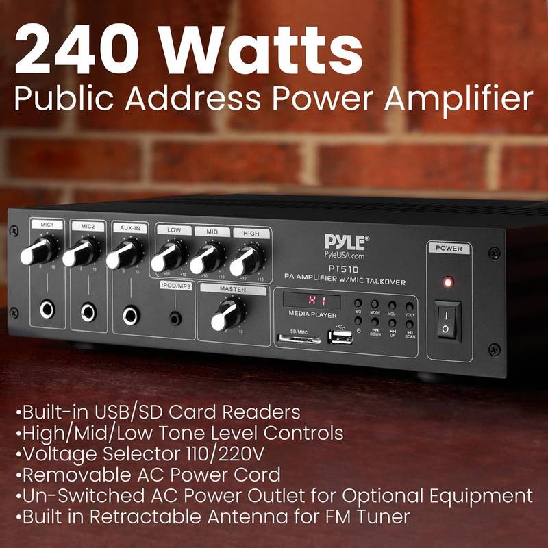 240 Watt Public Address Power Amplifier with 70V Output & Mic Talkover, USB/SD Card MP3 Player, Built-in FM Radio & LED Display - Image 5