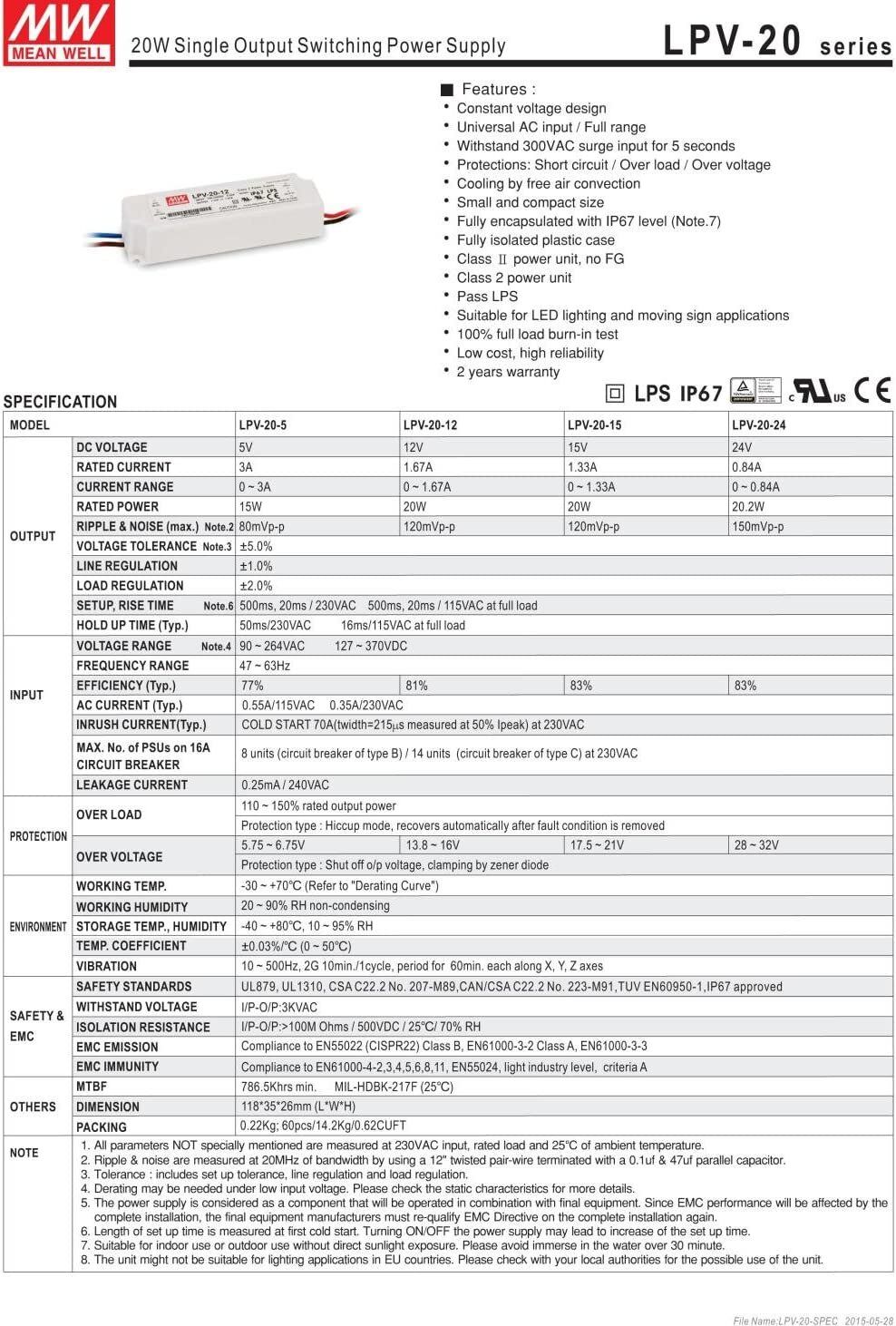 20W 12V 1.67A LPV-20-12 MEAN WELL Waterproof LED Lighting Drive Switching Power Supply Constant Voltage 110V/220V AC-DC Transformer - Image 2