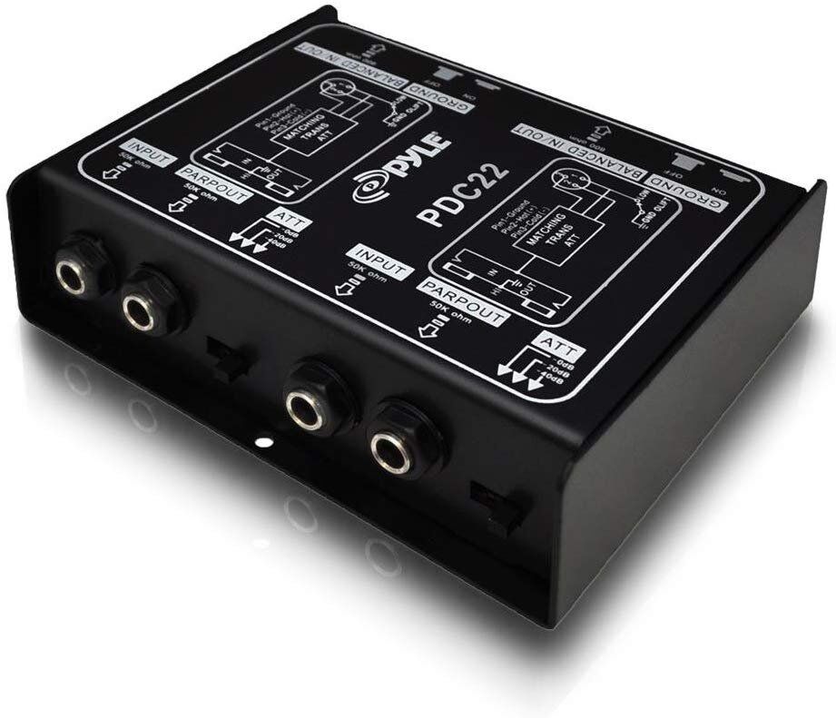 Pyle PDC22 Premium Direct Injection Audio Box - Passive DI Unit Hum Eliminator w/ Input Attenuator to Connect Guitar & Bass - 1/4 Inch Impedance Transformer Connector to Balanced & Unbalanced XLR