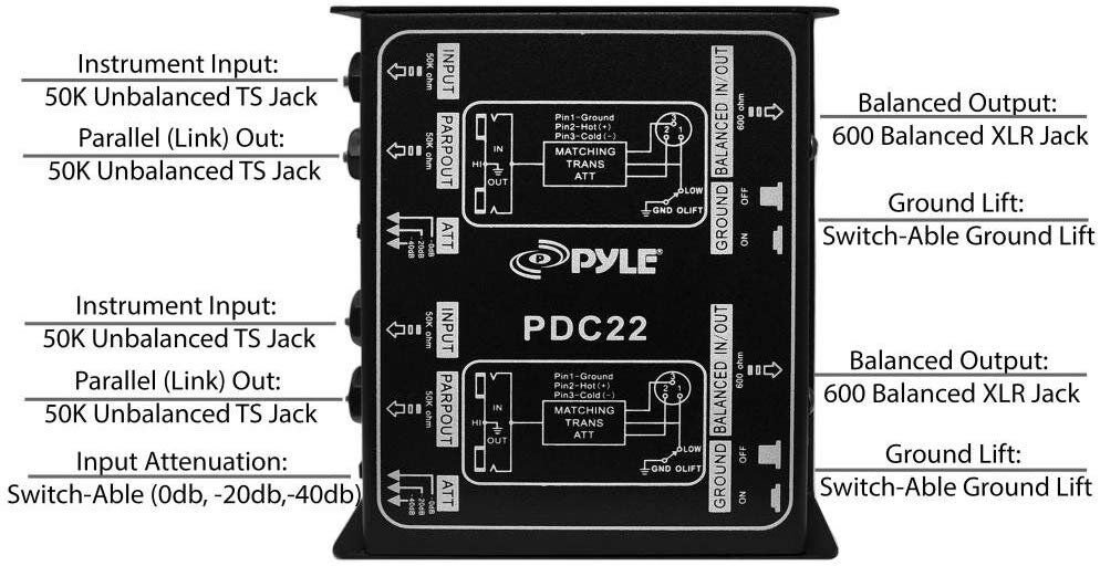 Pyle PDC22 Premium Direct Injection Audio Box - Passive DI Unit Hum Eliminator w/ Input Attenuator to Connect Guitar & Bass - 1/4 Inch Impedance Transformer Connector to Balanced & Unbalanced XLR - Image 3