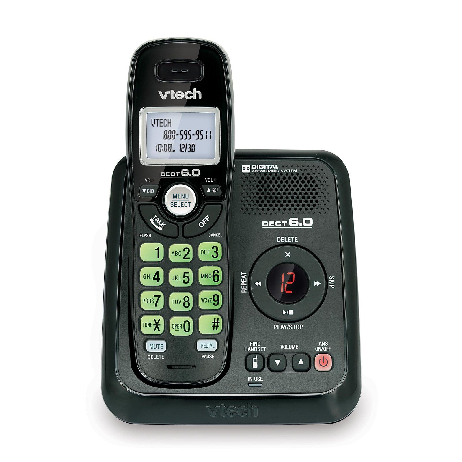 Vtech CS6124-11 Dect 6.0 Single Handset Cordless Phone System with Digital Answering Machine and Green Backlit Keypad and Display