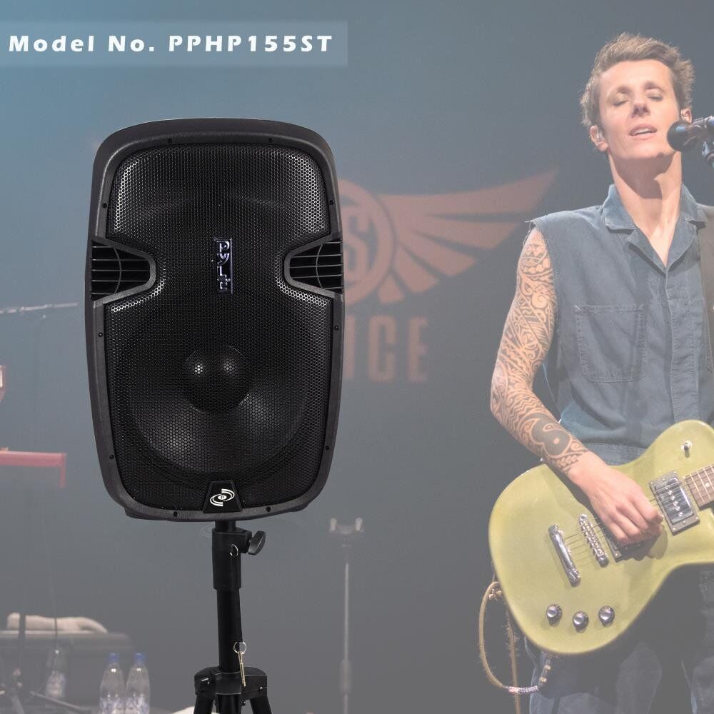 Pyle PPHP155ST Wireless Portable PA Speaker System - 1500W High Powered Bluetooth Compatible Active Outdoor Sound Speakers w/ USB SD MP3 RCA - 35mm Mount, Stand, Microphone, Power Cable, Black, 15" - Image 6