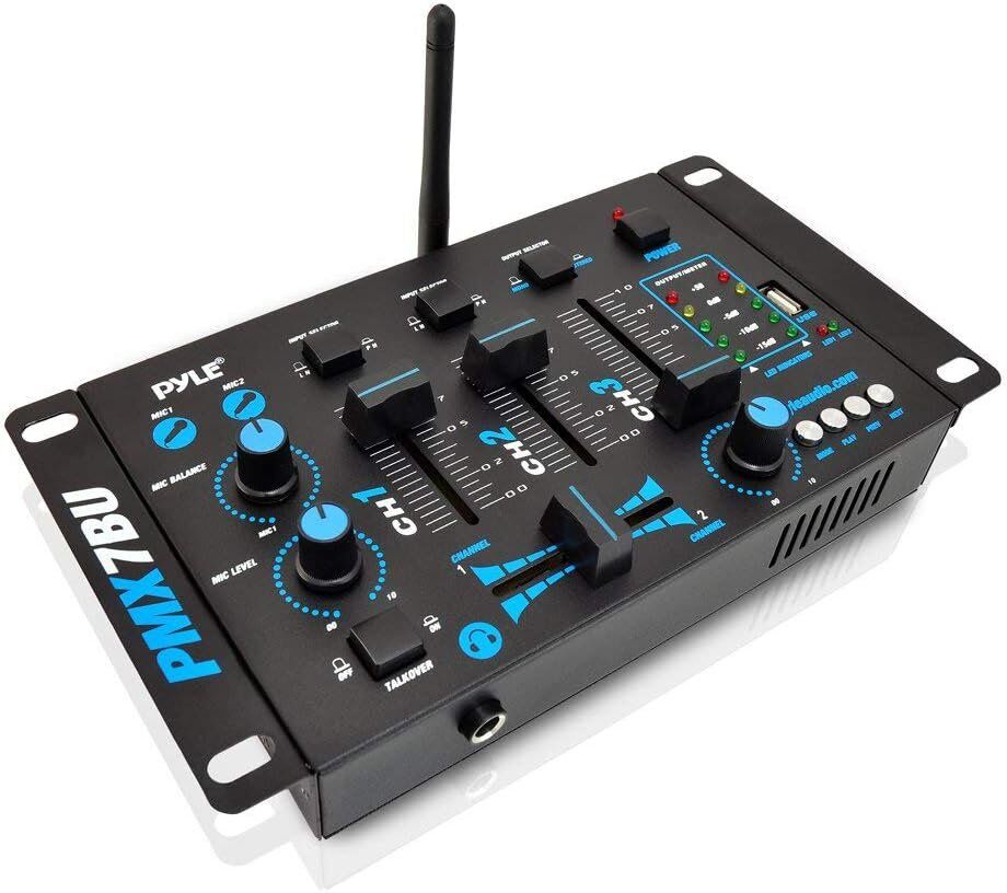Pyle - Pro Wireless DJ Audio Mixer - 3 Channel Bluetooth Compatible DJ Controller Sound Mixer, Mic-Talkover, USB Reader, Dual RCA Phono/Line In, Microphone Input, Headphone Jack - Pyle PMX7BU.5,Black
