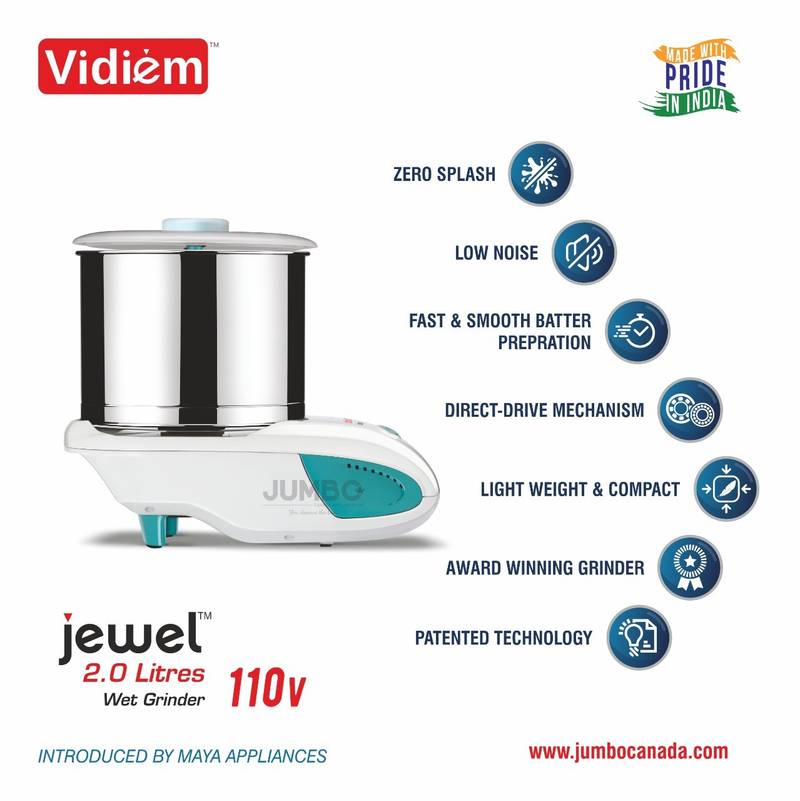 Vidiem Jewel-ST 2-Liter Wet Grinder Stainless Steel Drum, Stone Rollers, 110-V with its Motor RPM 1440 and Drum RPM 150 - Image 2